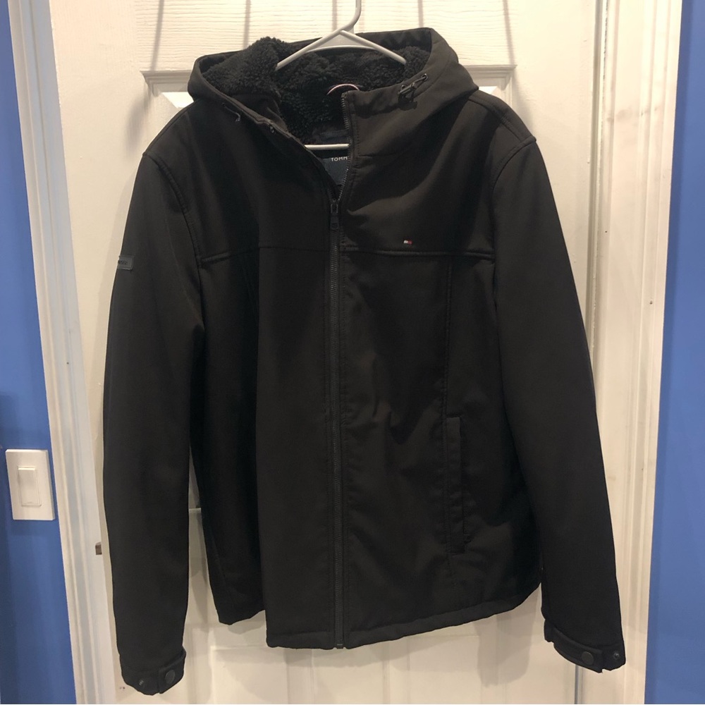 Tommy Hilfiger Hooded Black Sherpa Jacket L - Picture 1 of 13